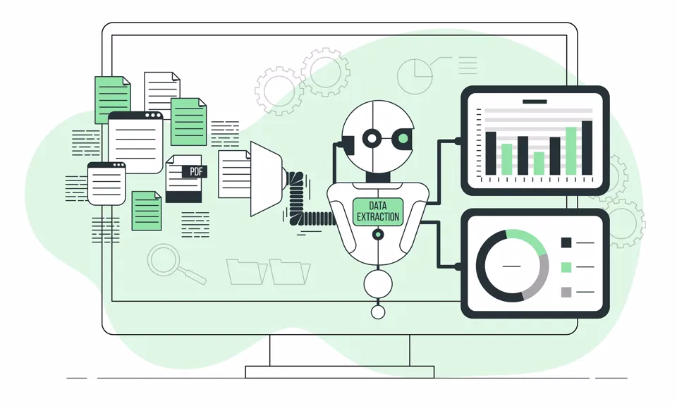 Illustration of a robot moving documents into charts and reports
