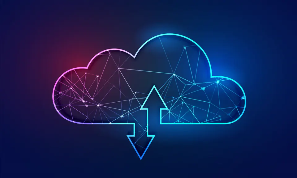 Neon cloud illustration with upload and download arrows