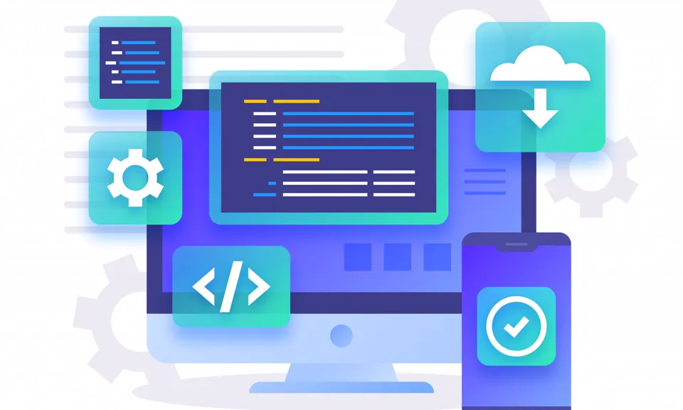 Illustration of code on a desktop monitor with cloud and settings symbols