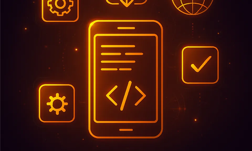 Illustration of a mobile phone with code and settings symbols