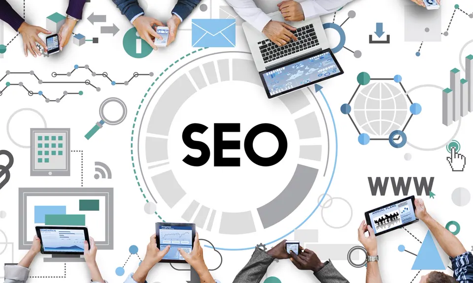 People using devices around an SEO and analytics graphic