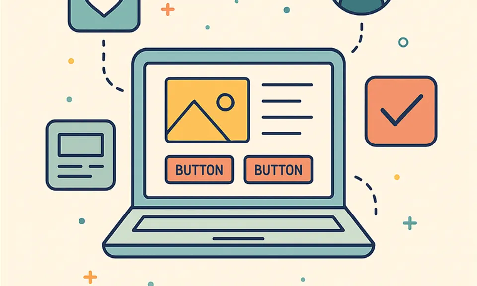 Illustration of a laptop wireframe with buttons and a checkmark